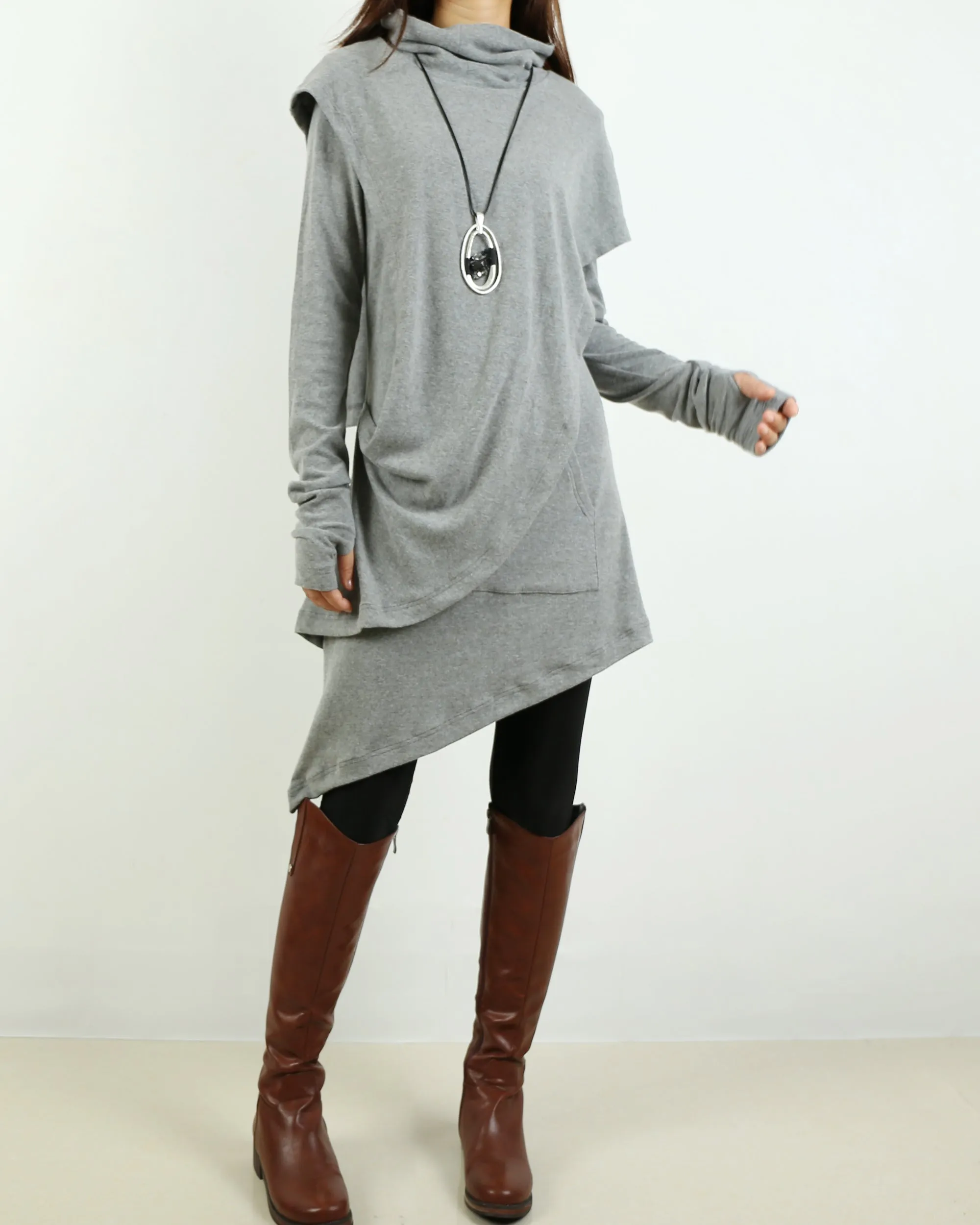 Womens Tunic Dress/Thumb hole Sleeves tunic dress/Cotton dress/High Neck Dress/Cotton Asymmetric T-shirt/Long Sleeve Tunic Top/Oversized Shirt/Casual T-shirt Customized(Y1535)